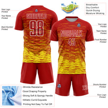 Laden Sie das Bild in den Galerie-Viewer, Custom Red Light Yellow-White Line Sublimation Soccer Uniform Jersey
