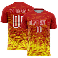 Laden Sie das Bild in den Galerie-Viewer, Custom Red Light Yellow-White Line Sublimation Soccer Uniform Jersey
