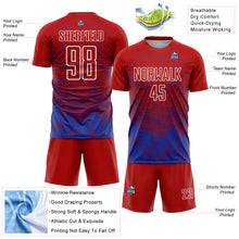 Загрузить изображение в средство просмотра галереи, Custom Red Thunder Blue-White Line Sublimation Soccer Uniform Jersey
