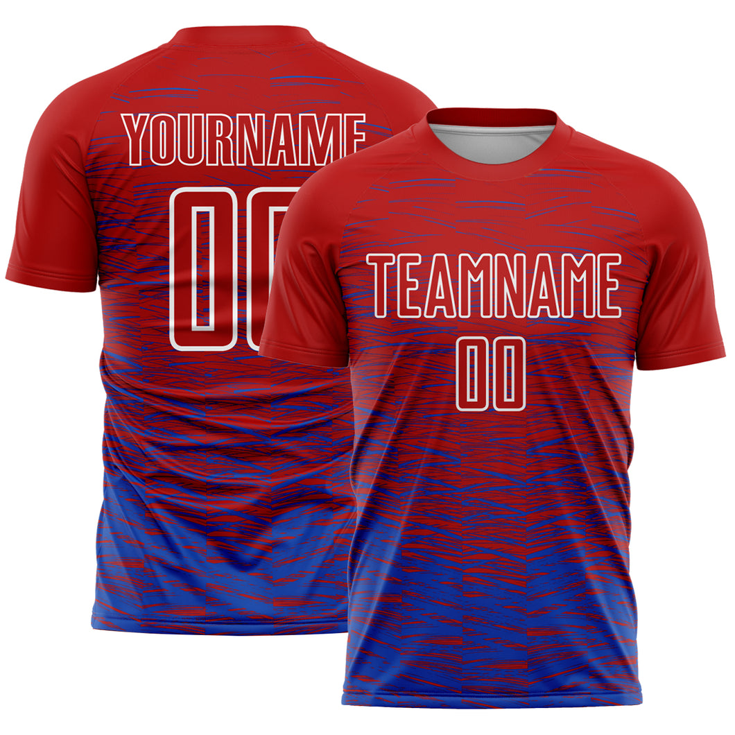 Custom Red Thunder Blue-White Line Sublimation Soccer Uniform Jersey