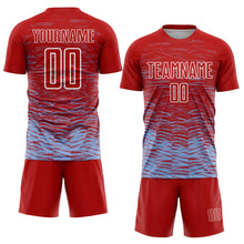 Загрузить изображение в средство просмотра галереи, Custom Red Light Blue-White Line Sublimation Soccer Uniform Jersey
