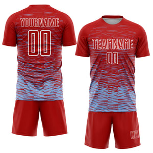 Custom Red Light Blue-White Line Sublimation Soccer Uniform Jersey