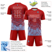 Загрузить изображение в средство просмотра галереи, Custom Red Light Blue-White Line Sublimation Soccer Uniform Jersey
