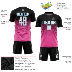 Custom Pink Black-Light Blue Gradient Square Shape Sublimation Soccer Uniform Jersey