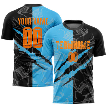 Custom Graffiti Pattern Bay Orange Black-Sky Blue Scratch Sublimation Soccer Uniform Jersey