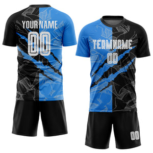 Custom Graffiti Pattern Black-Powder Blue Scratch Sublimation Soccer Uniform Jersey