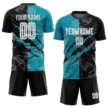 Custom Graffiti Pattern Black-Teal Scratch Sublimation Soccer Uniform Jersey