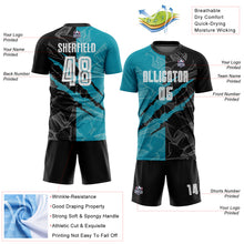 Load image into Gallery viewer, Custom Graffiti Pattern Black-Teal Scratch Sublimation Soccer Uniform Jersey
