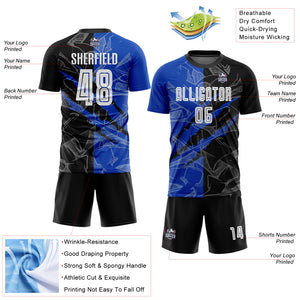 Custom Graffiti Pattern Black-Thunder Blue Scratch Sublimation Soccer Uniform Jersey