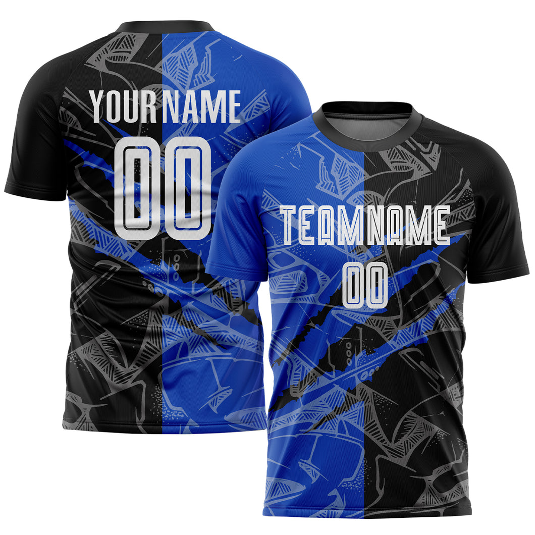 Custom Graffiti Pattern Black-Thunder Blue Scratch Sublimation Soccer Uniform Jersey