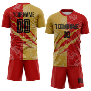 Custom Graffiti Pattern Black Red-Old Gold Scratch Sublimation Soccer Uniform Jersey