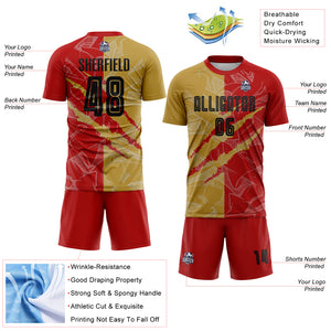 Custom Graffiti Pattern Black Red-Old Gold Scratch Sublimation Soccer Uniform Jersey