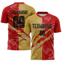 Load image into Gallery viewer, Custom Graffiti Pattern Black Red-Old Gold Scratch Sublimation Soccer Uniform Jersey
