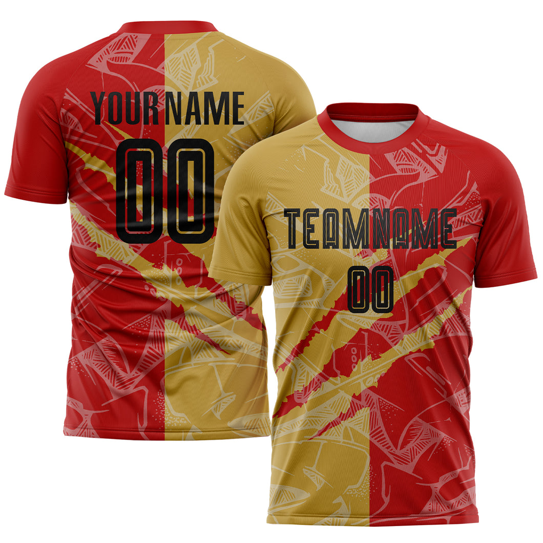 Custom Graffiti Pattern Black Red-Old Gold Scratch Sublimation Soccer Uniform Jersey