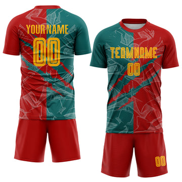 Custom Graffiti Pattern Yellow Red-Teal Scratch Sublimation Soccer Uniform Jersey