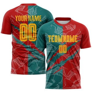 Custom Graffiti Pattern Yellow Red-Teal Scratch Sublimation Soccer Uniform Jersey