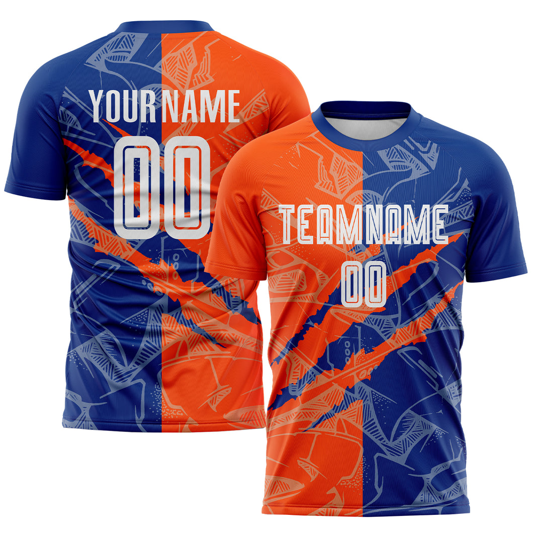 Custom Graffiti Pattern Royal-Orange Scratch Sublimation Soccer Uniform Jersey