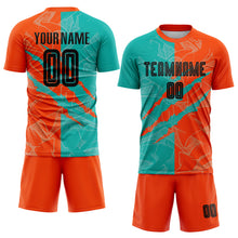 Charger l&#39;image dans la galerie, Custom Graffiti Pattern Black Aqua-Orange Scratch Sublimation Soccer Uniform Jersey
