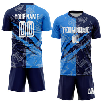 Custom Graffiti Pattern Powder Blue-Navy Scratch Sublimation Soccer Uniform Jersey