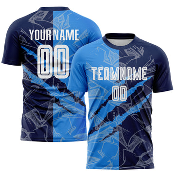 Custom Graffiti Pattern Powder Blue-Navy Scratch Sublimation Soccer Uniform Jersey