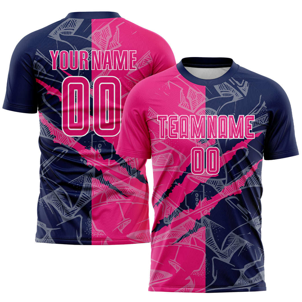 Custom Graffiti Pattern Hot Pink-Navy Scratch Sublimation Soccer Uniform Jersey