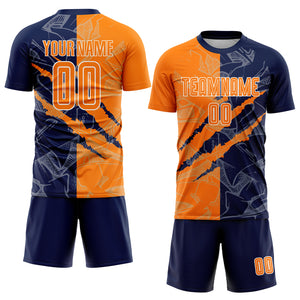 Custom Graffiti Pattern Bay Orange-Navy Scratch Sublimation Soccer Uniform Jersey