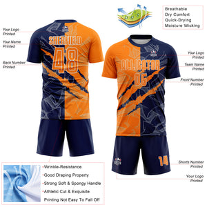 Custom Graffiti Pattern Bay Orange-Navy Scratch Sublimation Soccer Uniform Jersey