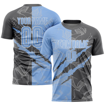 Custom Graffiti Pattern Light Blue-Steel Gray Scratch Sublimation Soccer Uniform Jersey