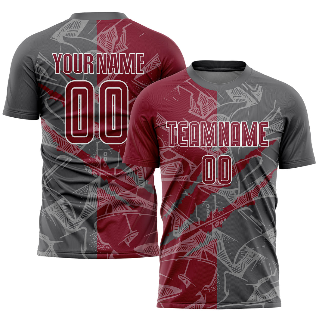 Custom Graffiti Pattern Crimson-Steel Gray Scratch Sublimation Soccer Uniform Jersey