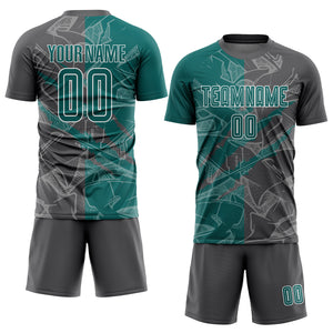 Custom Graffiti Pattern Teal-Steel Gray Scratch Sublimation Soccer Uniform Jersey