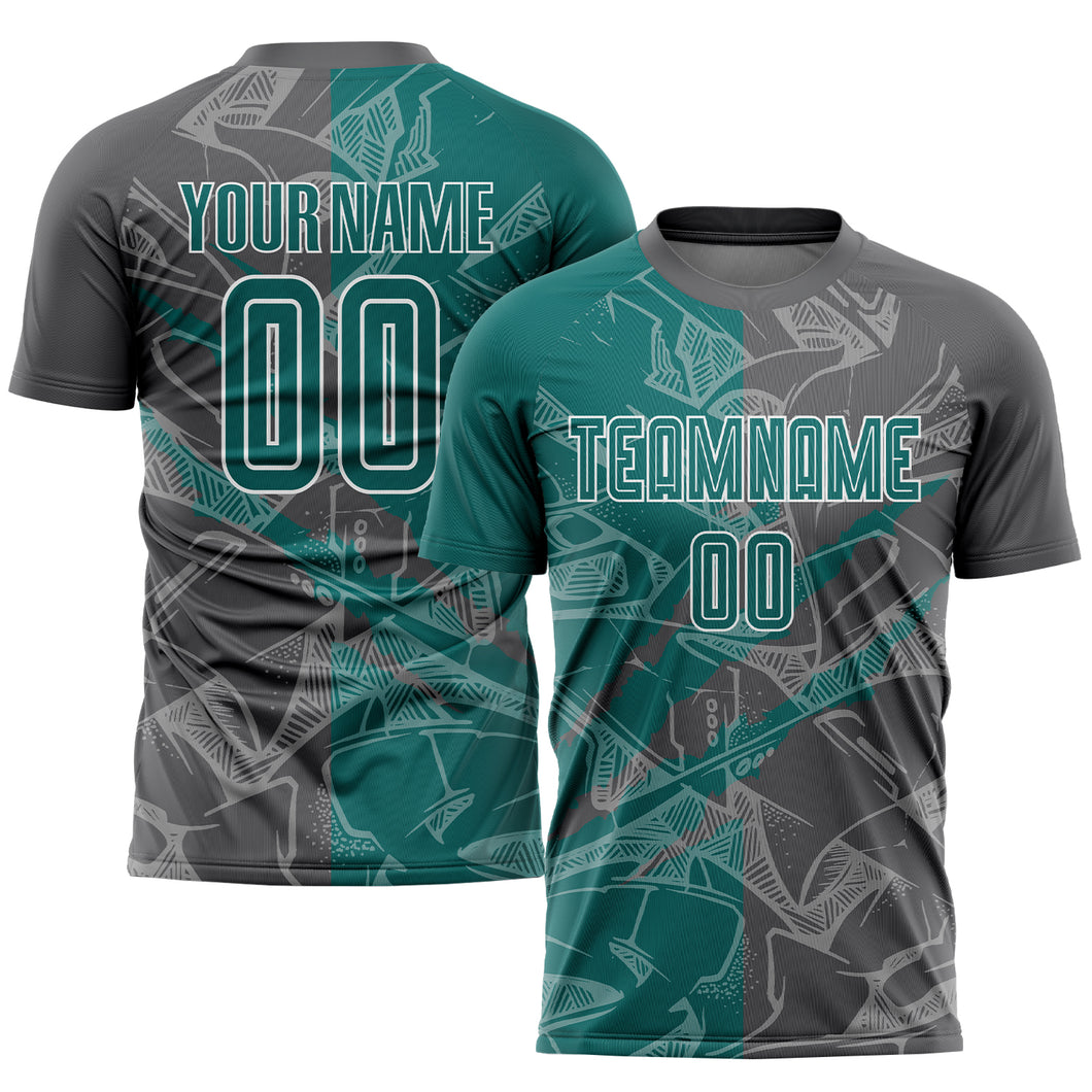 Custom Graffiti Pattern Teal-Steel Gray Scratch Sublimation Soccer Uniform Jersey