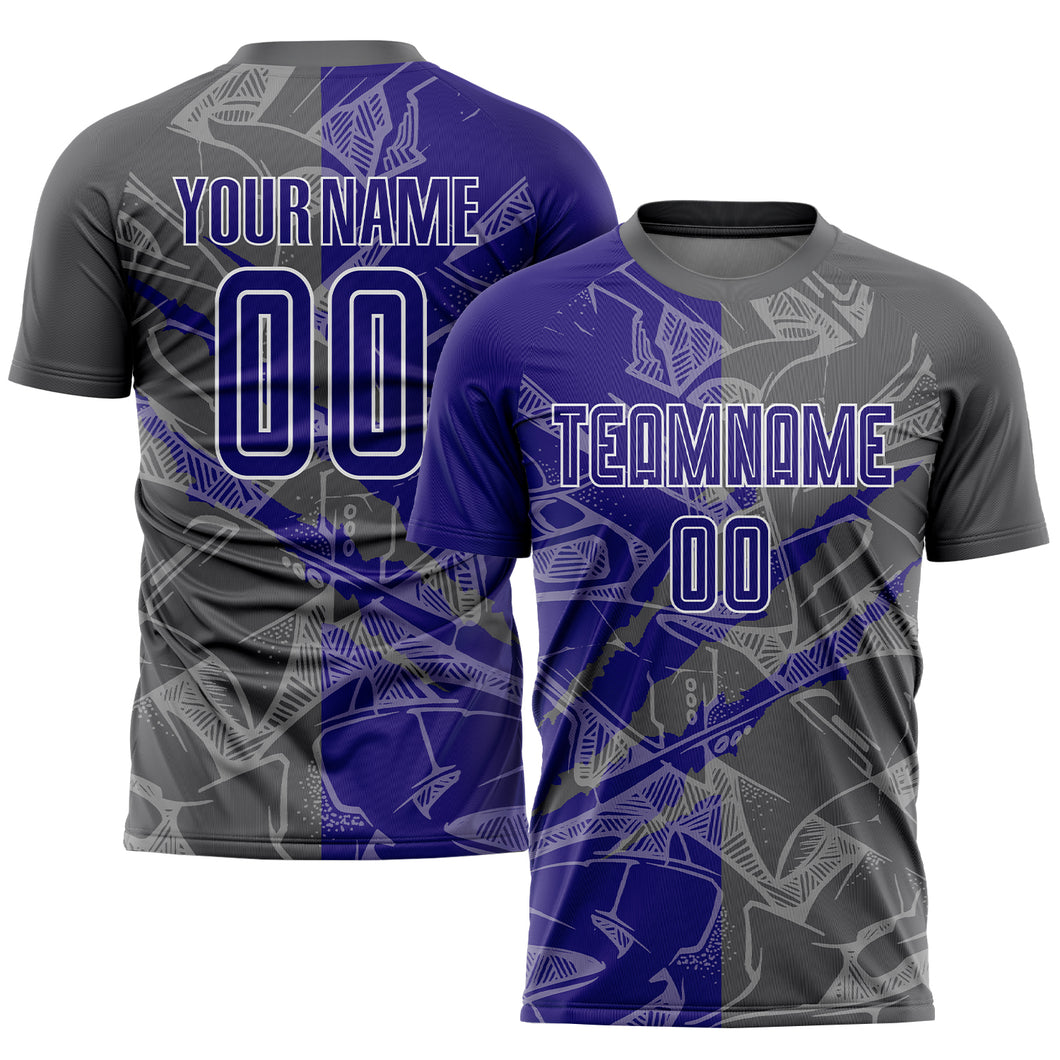 Custom Graffiti Pattern Dark Purple-Steel Gray Scratch Sublimation Soccer Uniform Jersey