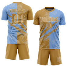 Charger l&#39;image dans la galerie, Custom Graffiti Pattern Old Gold-Light Blue Scratch Sublimation Soccer Uniform Jersey
