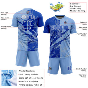 Custom Graffiti Pattern Thunder Blue-Light Blue Scratch Sublimation Soccer Uniform Jersey