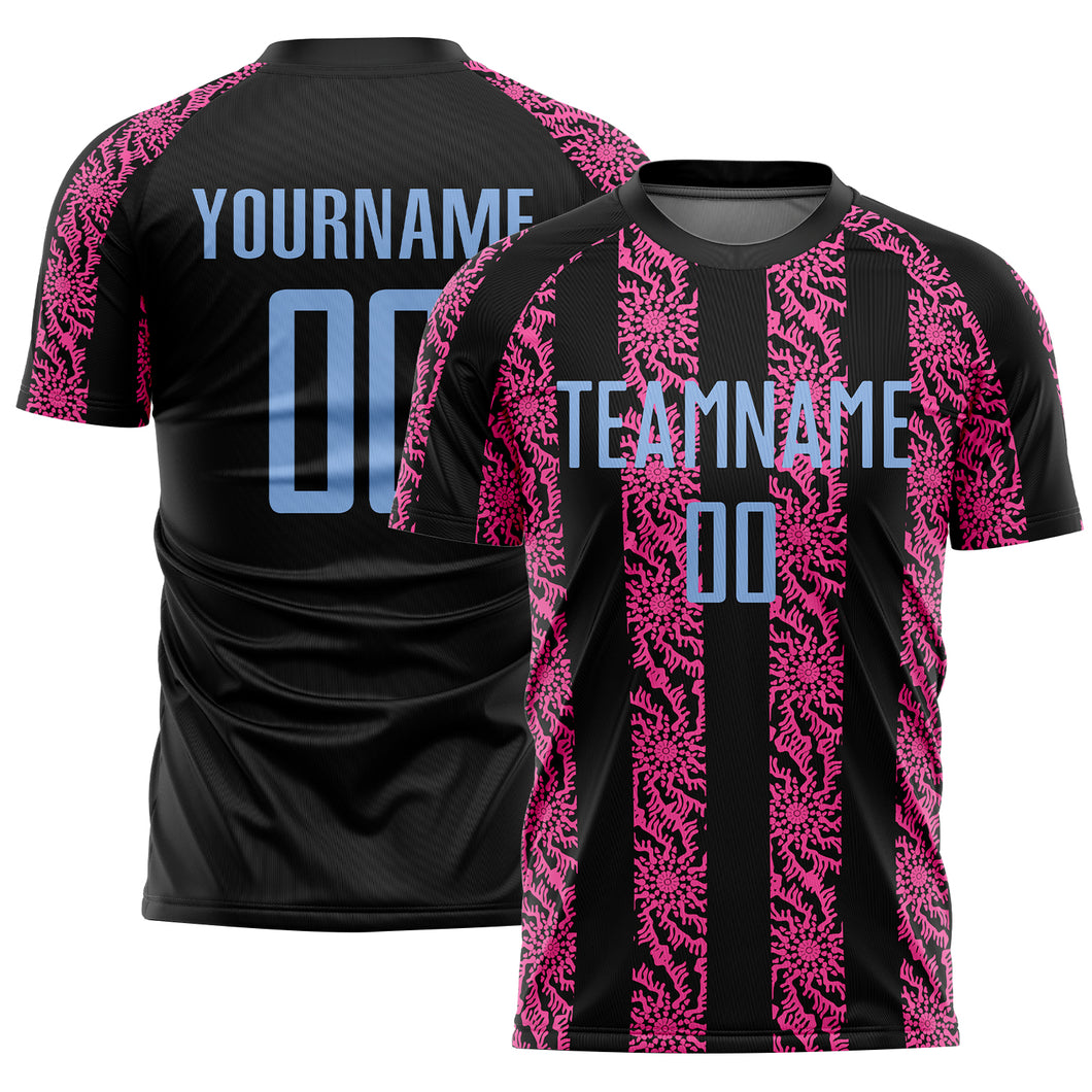 Custom Black Light Blue-Pink Abstract Shape Sublimation Soccer Uniform Jersey