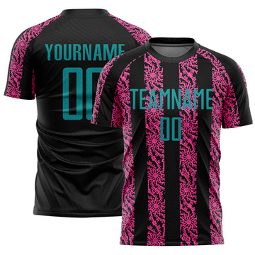 Custom Black Teal-Pink Abstract Shape Sublimation Soccer Uniform Jersey