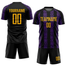 Charger l&#39;image dans la galerie, Custom Black Gold-Purple Abstract Shape Sublimation Soccer Uniform Jersey
