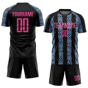 Custom Black Pink-Light Blue Abstract Shape Sublimation Soccer Uniform Jersey