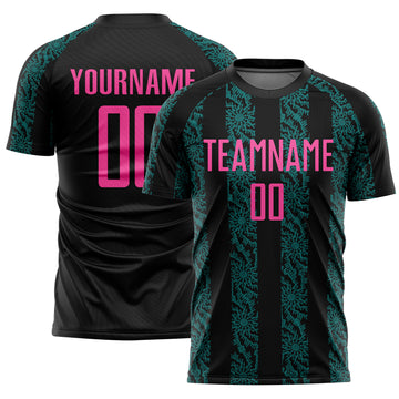 Custom Black Pink-Teal Abstract Shape Sublimation Soccer Uniform Jersey