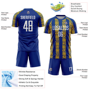 Custom Royal White-Yellow Abstract Shape Sublimation Soccer Uniform Jersey