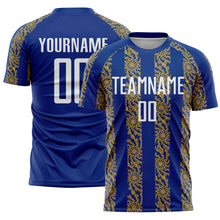 Laden Sie das Bild in den Galerie-Viewer, Custom Royal White-Old Gold Abstract Shape Sublimation Soccer Uniform Jersey
