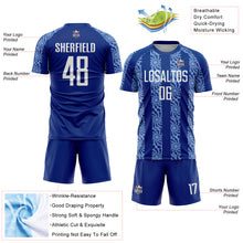 Laden Sie das Bild in den Galerie-Viewer, Custom Royal White-Light Blue Abstract Shape Sublimation Soccer Uniform Jersey
