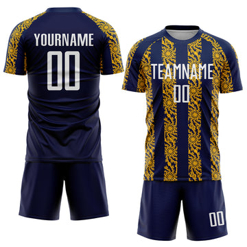 Custom Navy White-Gold Abstract Shape Sublimation Soccer Uniform Jersey