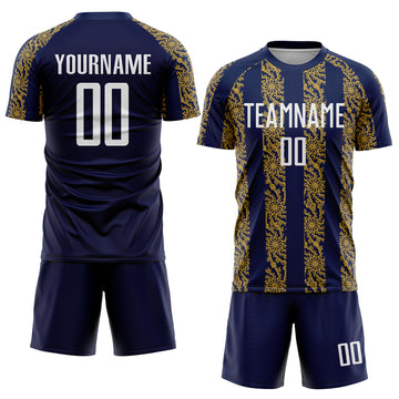 Custom Navy White-Old Gold Abstract Shape Sublimation Soccer Uniform Jersey