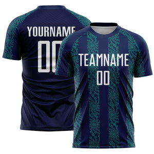 Custom Navy White-Teal Abstract Shape Sublimation Soccer Uniform Jersey