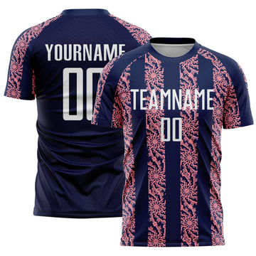 Custom Navy White-Medium Pink Abstract Shape Sublimation Soccer Uniform Jersey