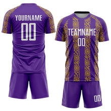 Charger l&#39;image dans la galerie, Custom Purple White-Old Gold Abstract Shape Sublimation Soccer Uniform Jersey
