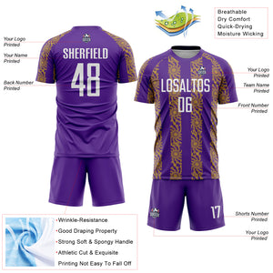 Custom Purple White-Old Gold Abstract Shape Sublimation Soccer Uniform Jersey