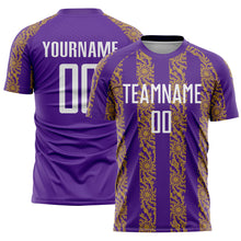 Charger l&#39;image dans la galerie, Custom Purple White-Old Gold Abstract Shape Sublimation Soccer Uniform Jersey
