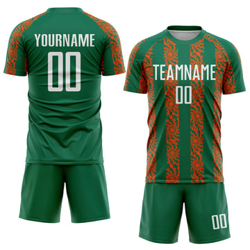 Custom Kelly Green White-Orange Abstract Shape Sublimation Soccer Uniform Jersey